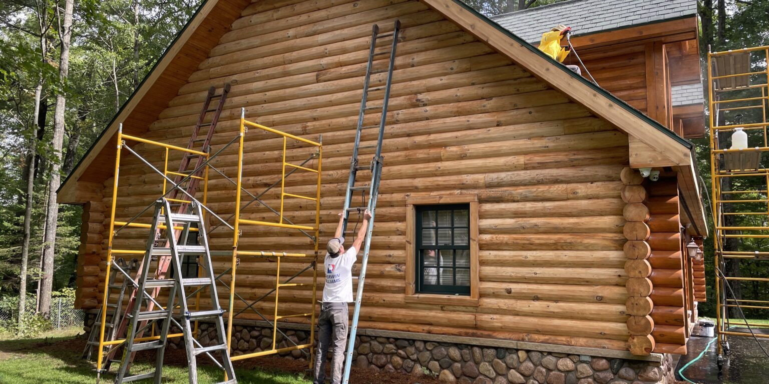Log Home Maintenance being worked on.